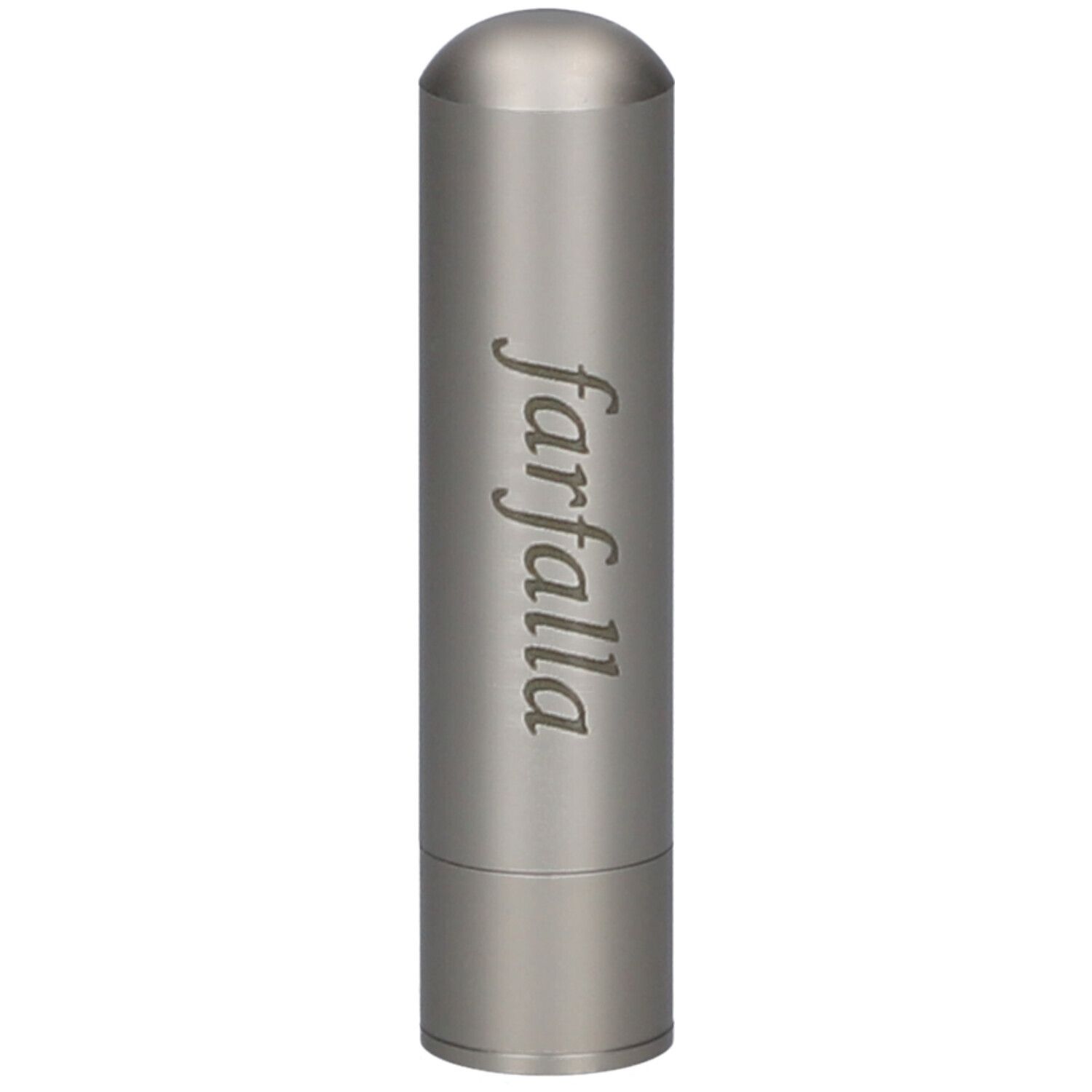 Beigefarbener, zylindrischer Riechstift aus Edelstahl mit abgerundeter Kappe, mit Schriftzug.