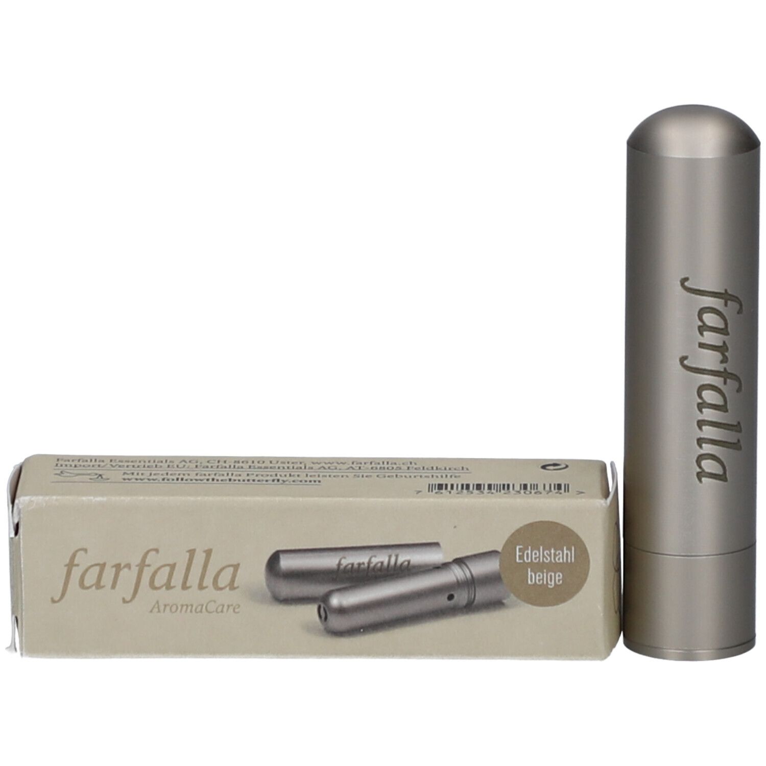 Beigefarbener Riechstift aus Edelstahl und Verpackung. Aufschrift: farfalla, AromaCare, Edelstahl beige.