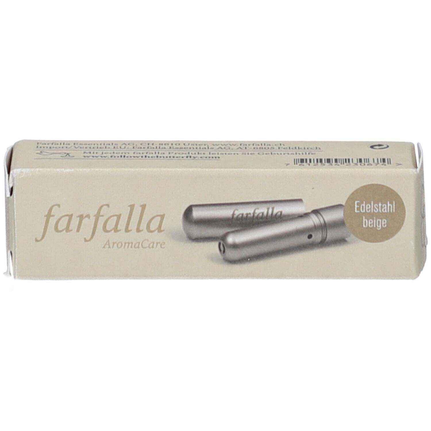 Verpackung mit Aufschrift: farfalla, AromaCare, Edelstahl beige. Zwei Riechstifte abgebildet.