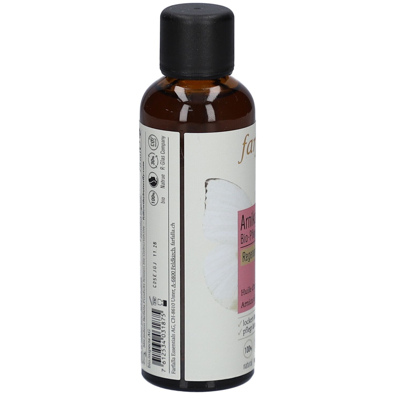 Braune Glasflasche mit schwarzem Deckel. Etikett mit Produktinformationen und Logos. Rückseite mit Text und Barcode.