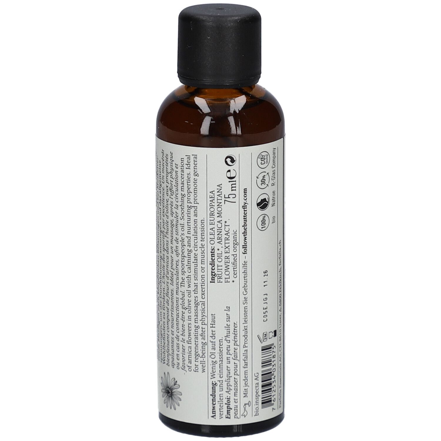 Braune Glasflasche mit schwarzem Deckel. Etikett mit Inhaltsstoffen und Text. 75 ml.