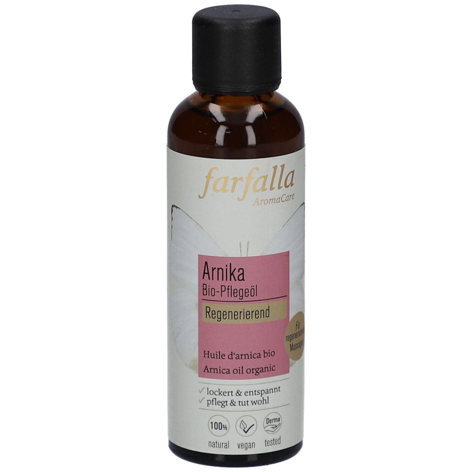 Braune Glasflasche mit schwarzem Deckel. Etikett mit Produktnamen, Marke Farfalla und Logos. Enthält Bio-Pflegeöl.