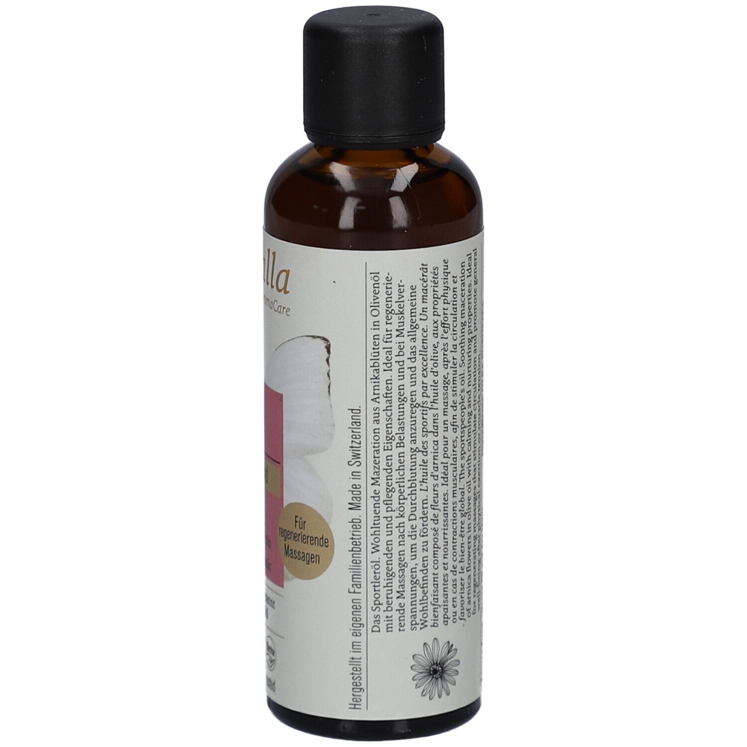 Braune Glasflasche mit schwarzem Deckel. Etikett mit Produktinformationen und Text. Hergestellt in der Schweiz.