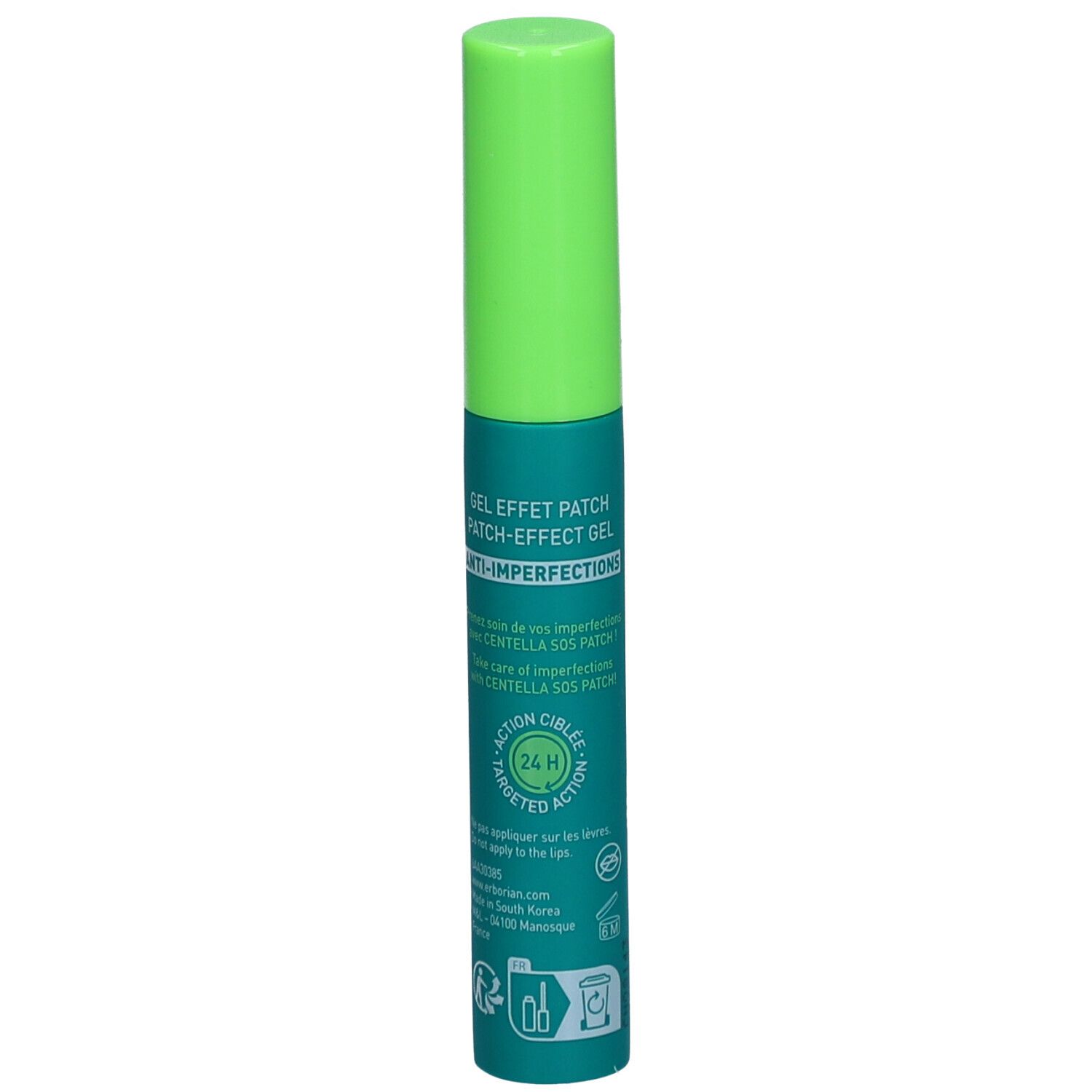 Tube vert avec bouchon vert. Inscription : Gel Effet Patch, Anti-imperfections. Texte en anglais et français.