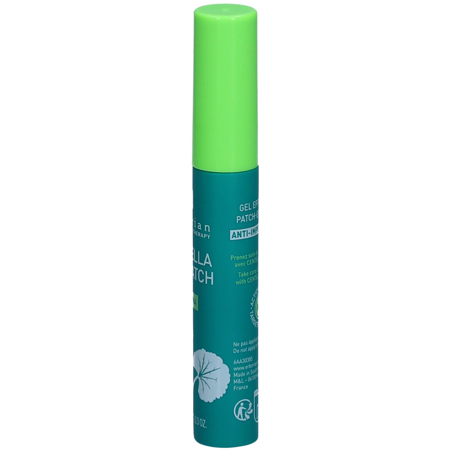 Tube vert avec bouchon vert. Inscription : Centella SOS Patch, Anti-imperfections. Texte en anglais et français.
