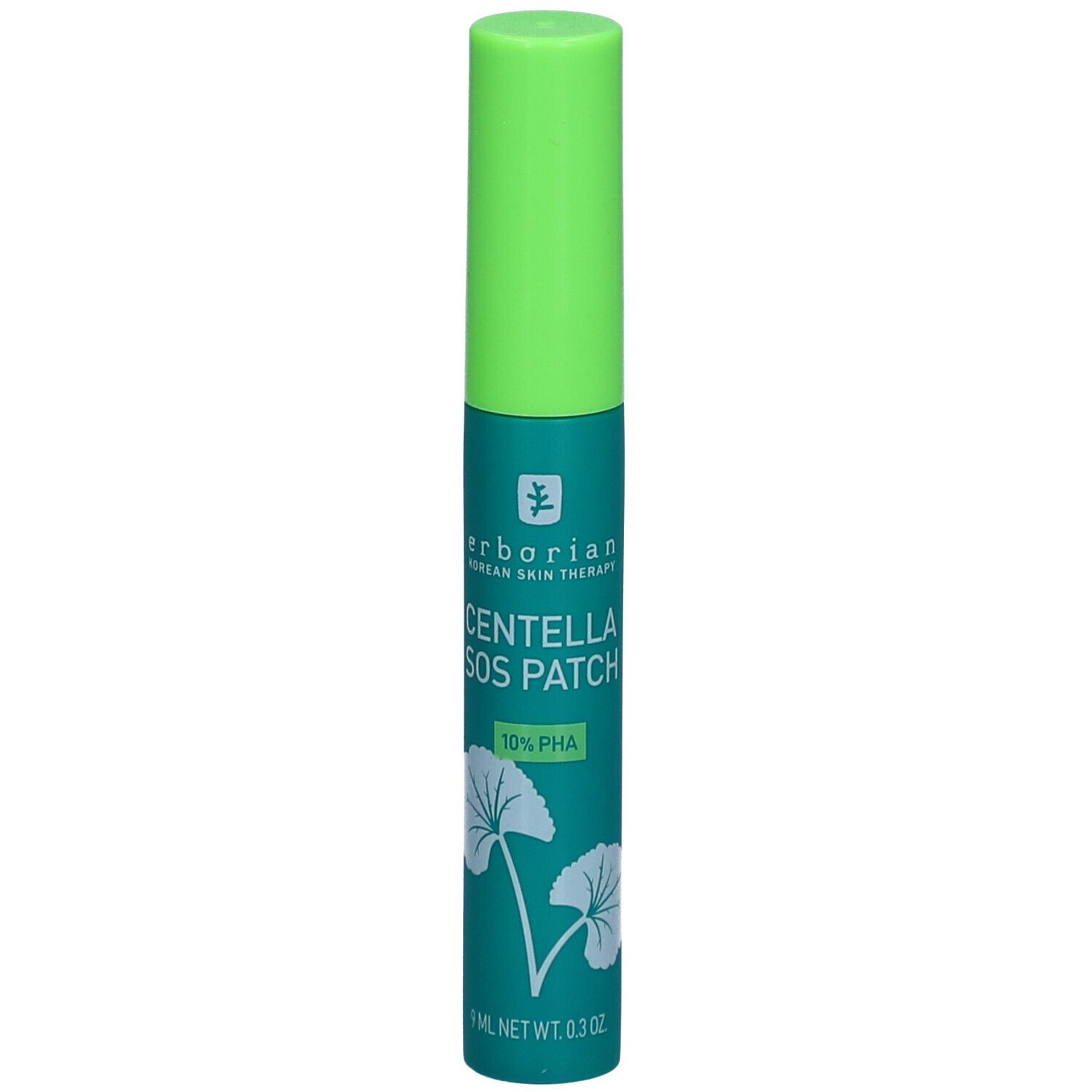 Tube vert avec bouchon vert. Inscription : Centella SOS Patch, 10% PHA. Logo et texte en anglais.