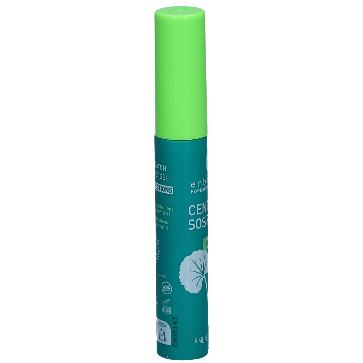 Tube vert avec bouchon vert. Inscription : Centella SOS Patch, Anti-imperfections. Texte en anglais et français.