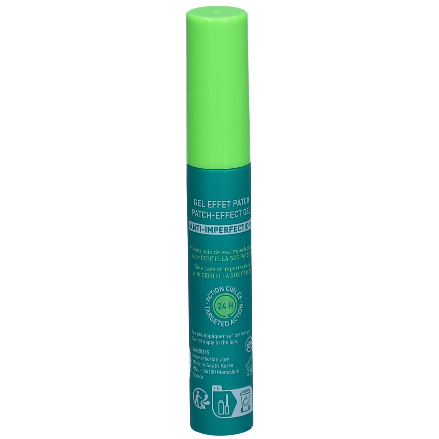 Tube vert avec bouchon vert. Inscription : Gel Effet Patch, Anti-imperfections. Texte en anglais et français.