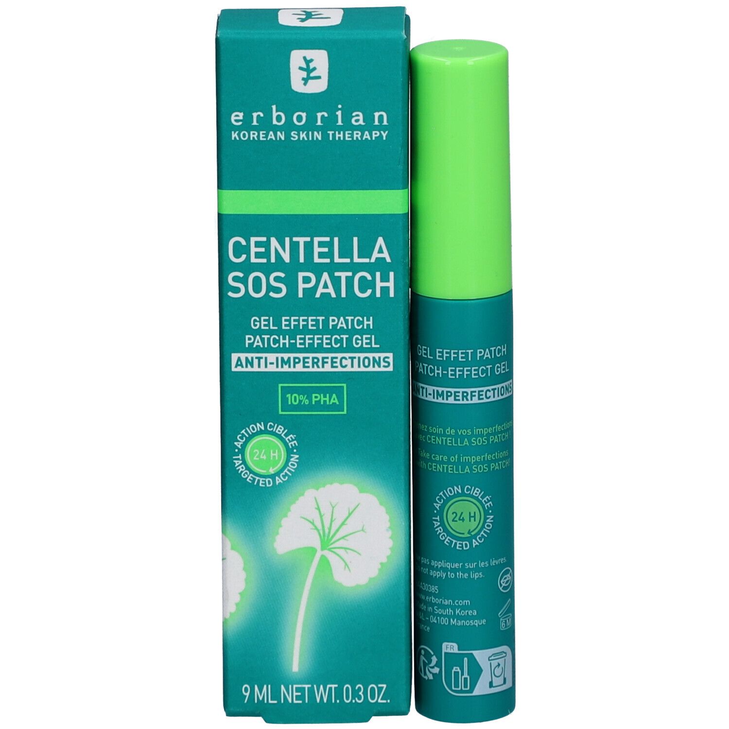 Produit et emballage. Tube et boîte verts. Inscription : Centella SOS Patch, 10% PHA. Texte en anglais.