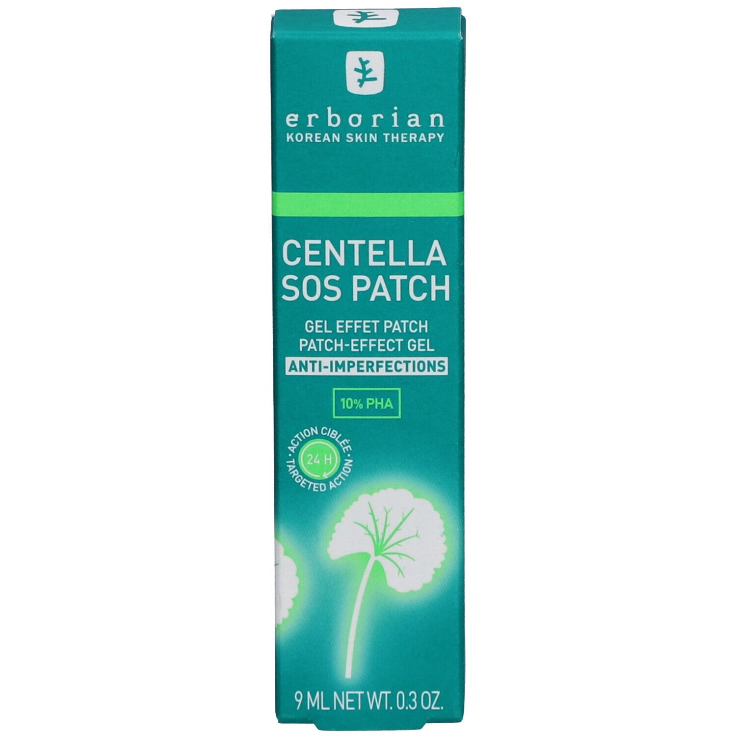 Emballage. Boîte verte. Inscription : Centella SOS Patch, 10% PHA. Logo et texte en anglais.