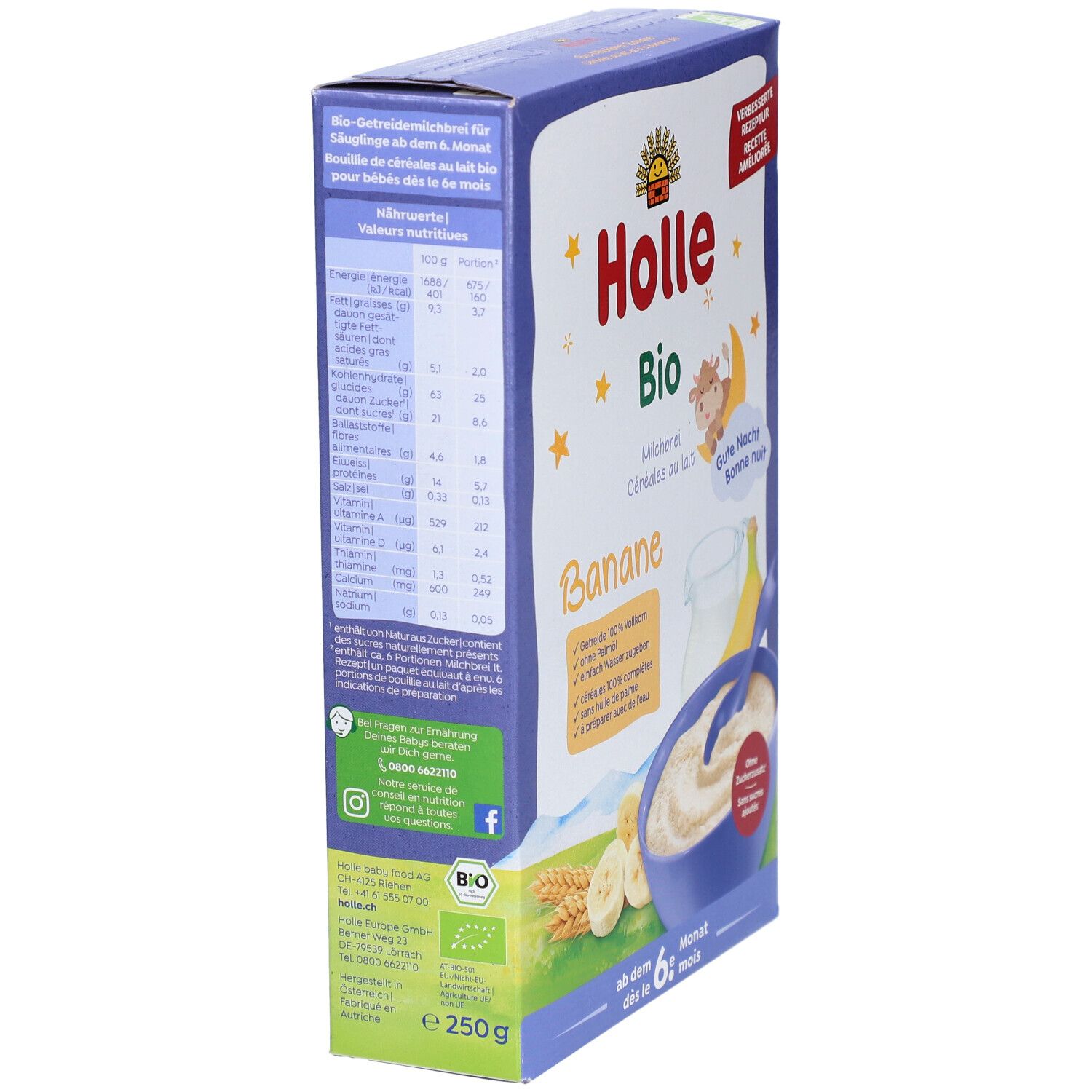 Seitenansicht der Holle Bio Milchbrei Banane Verpackung. Angaben zu Nährwerten und Bio-Zertifizierung. Aufdruck: 250g.