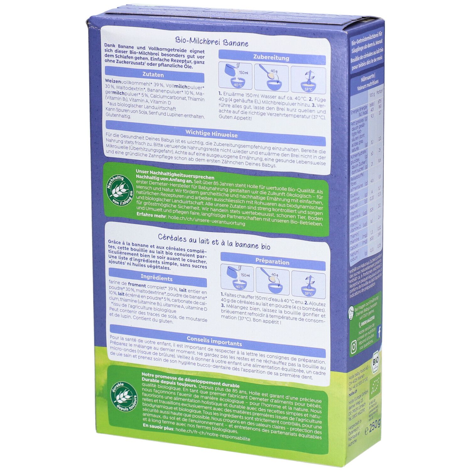 Rückseite der Holle Bio Milchbrei Banane Verpackung. Informationen zur Zubereitung und Inhaltsstoffe. Bio-Zertifizierung.