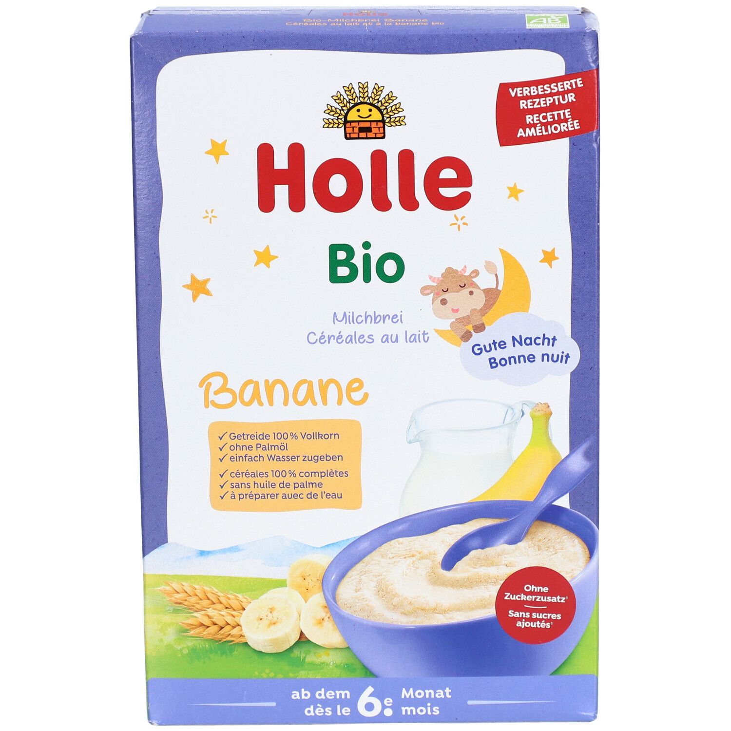 Holle Bio Milchbrei Banane Verpackung. Aufdrucke: Holle Bio, Banane, ab dem 6. Monat. Abbildung von Brei, Banane und Milch.