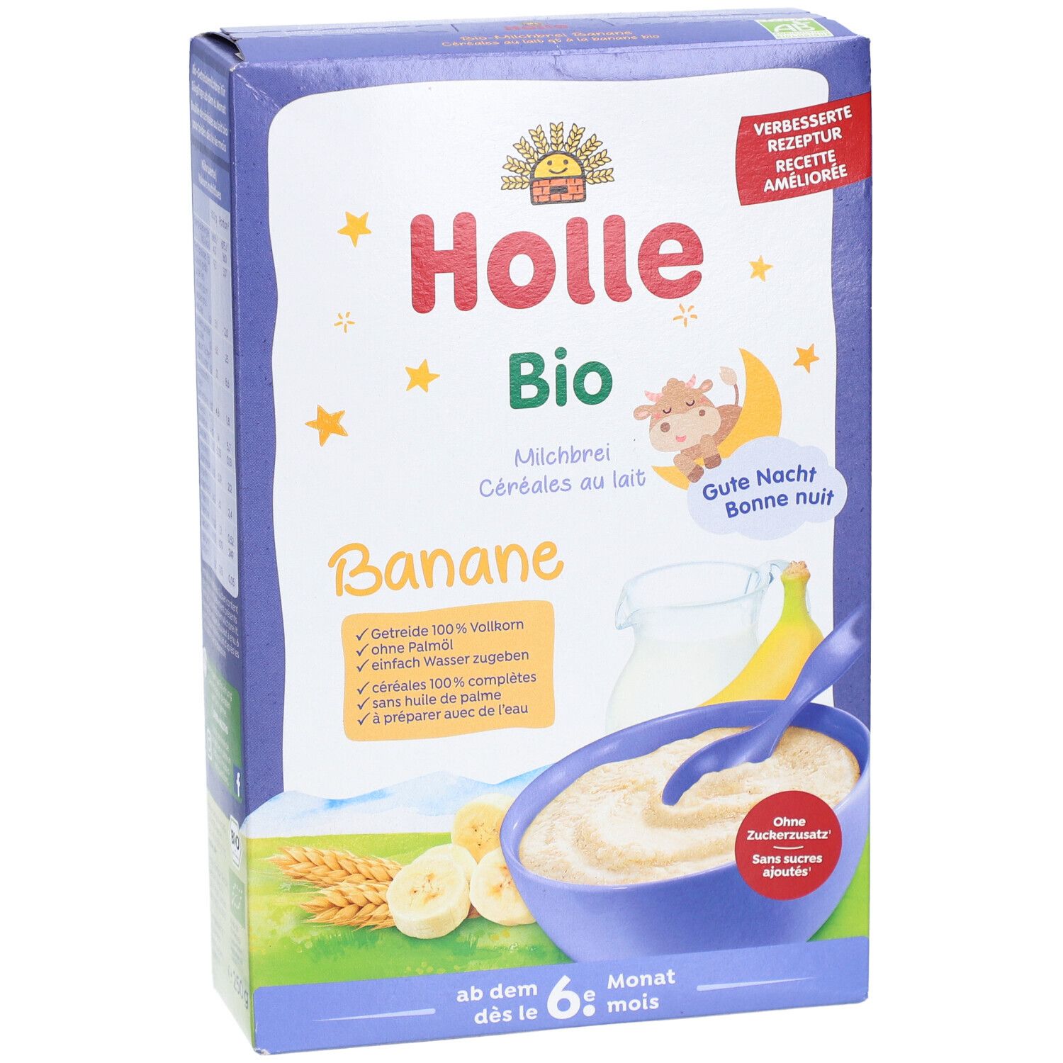 Holle Bio Milchbrei Banane Verpackung. Aufdrucke: Holle Bio, Banane, ab dem 6. Monat. Abbildung von Brei, Banane und Milch.