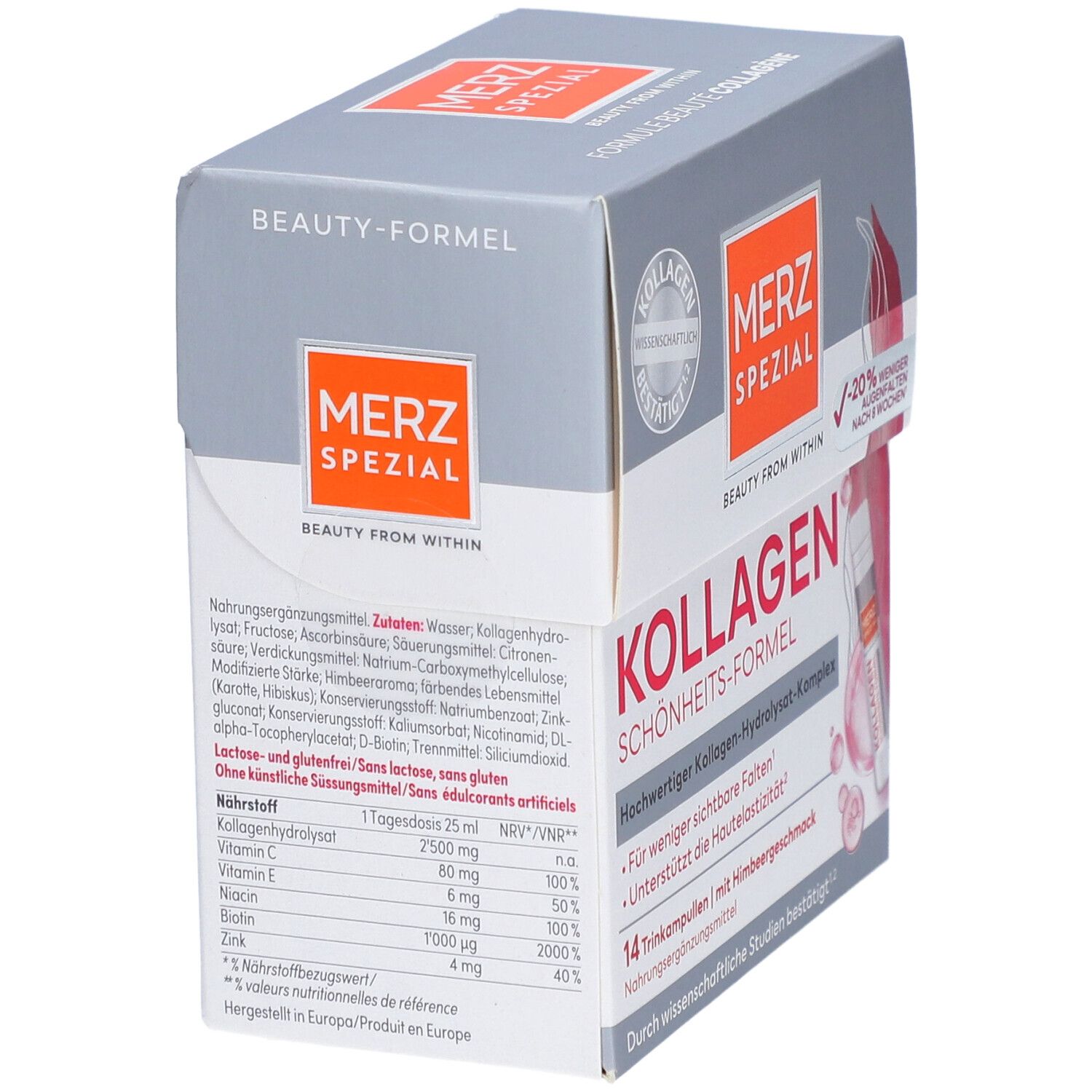 Karton mit MERZ SPEZIAL Kollagen Trinkampullen. Rückseite mit Inhaltsstoffen und Nährwertangaben. Text in Deutsch.