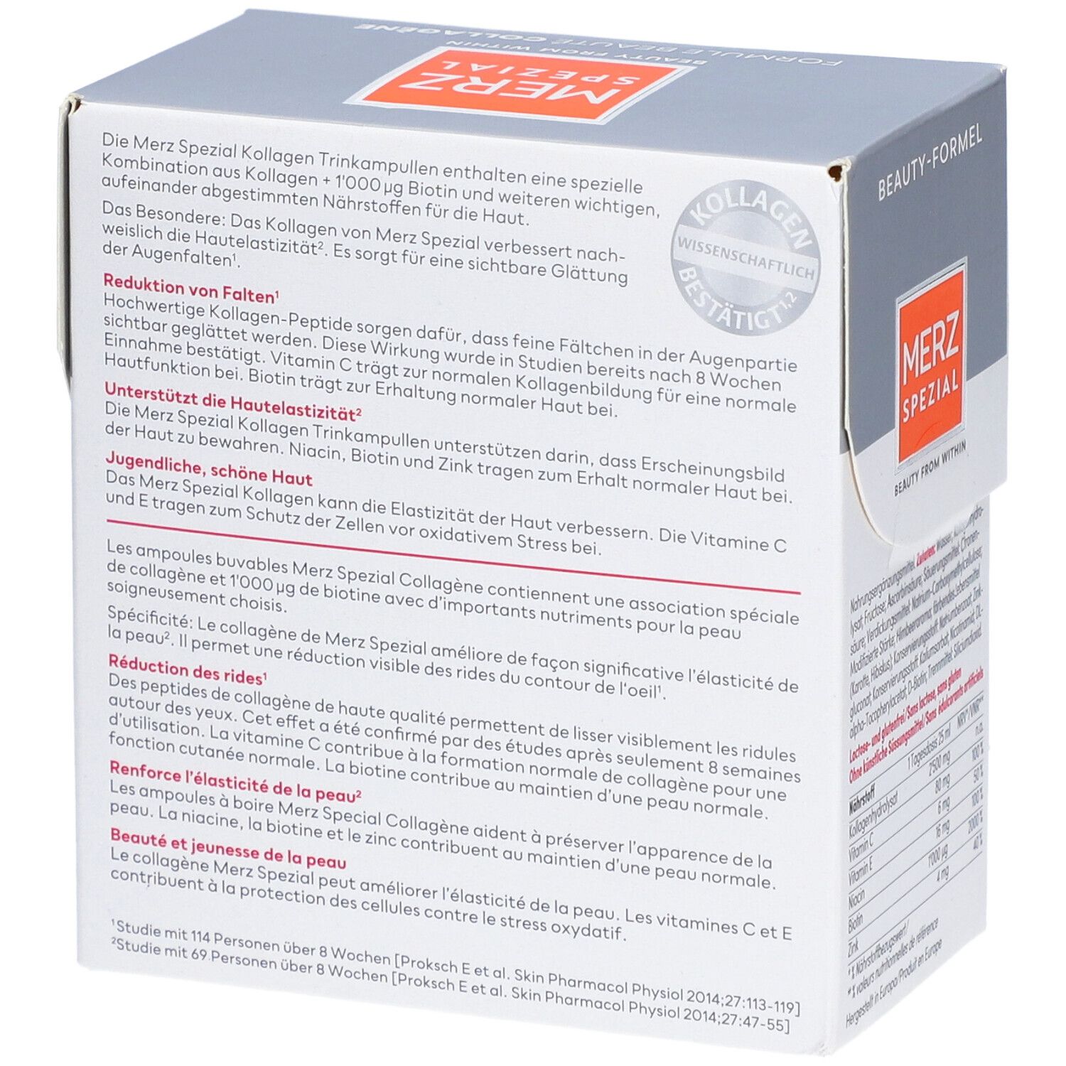 Rückseite der MERZ SPEZIAL Kollagen Trinkampullen-Verpackung. Text über die Wirkung des Produkts. Text in Deutsch.