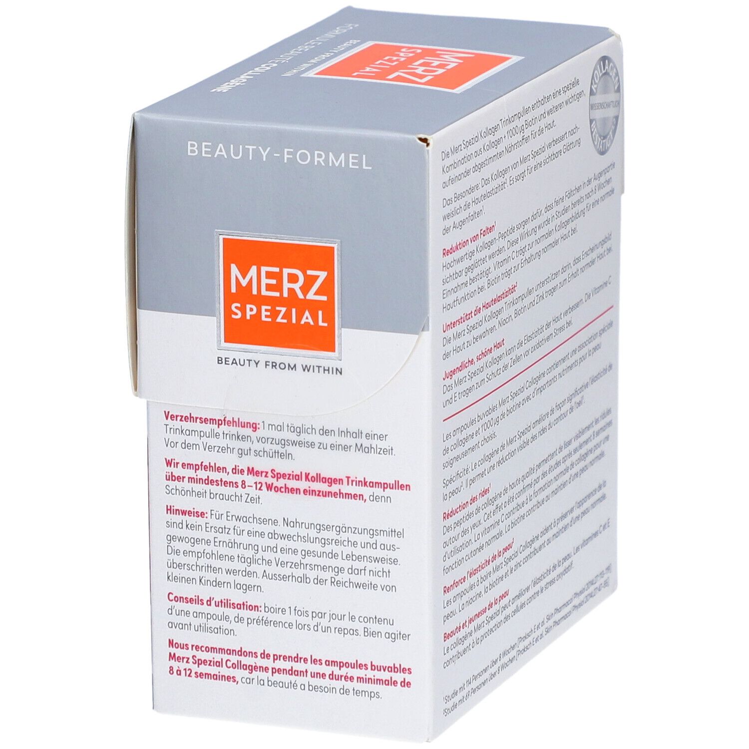 MERZ SPEZIAL Kollagen Trinkampullen-Verpackung. Text mit Verzehrempfehlung und Anwendungshinweisen. Text in Deutsch.