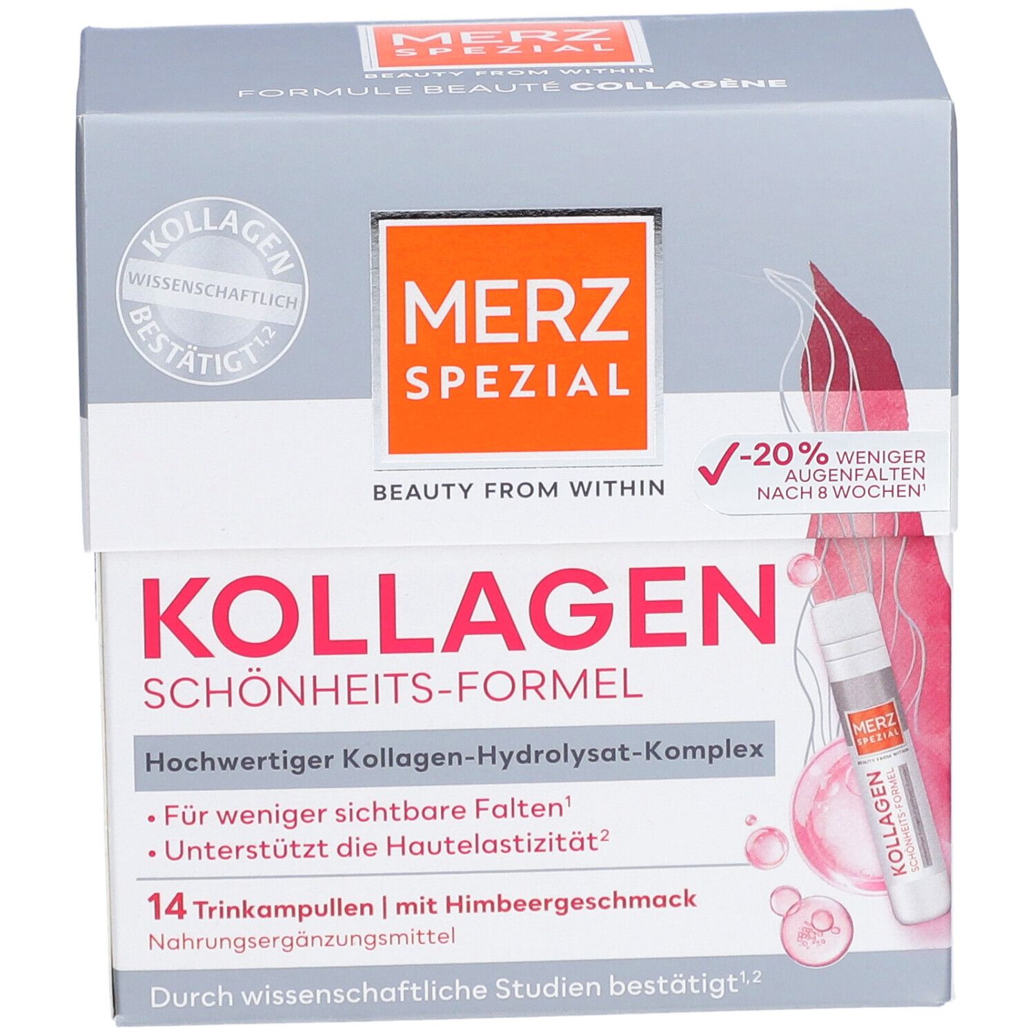Karton mit MERZ SPEZIAL Kollagen Trinkampullen. Enthält 14 Trinkampullen. Aufschrift: Kollagen Schönheits-Formel.
