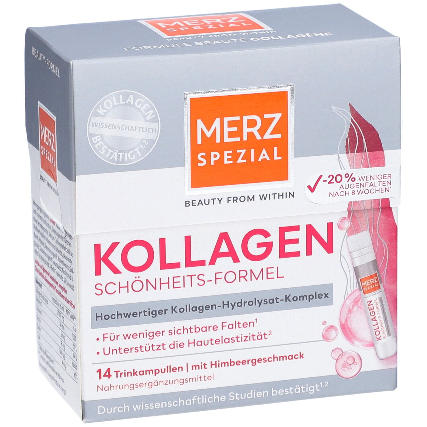 Karton mit MERZ SPEZIAL Kollagen Trinkampullen. Enthält 14 Trinkampullen. Aufschrift: Kollagen Schönheits-Formel.