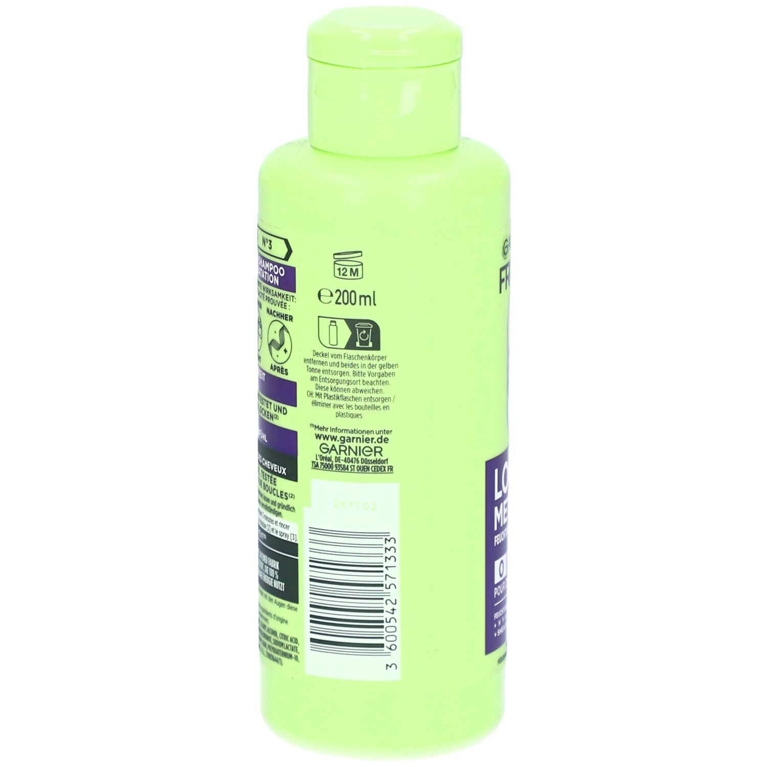 Dos du flacon vert. Texte: Garnier Fructis, Méthode Boucles. Informations et code-barres.