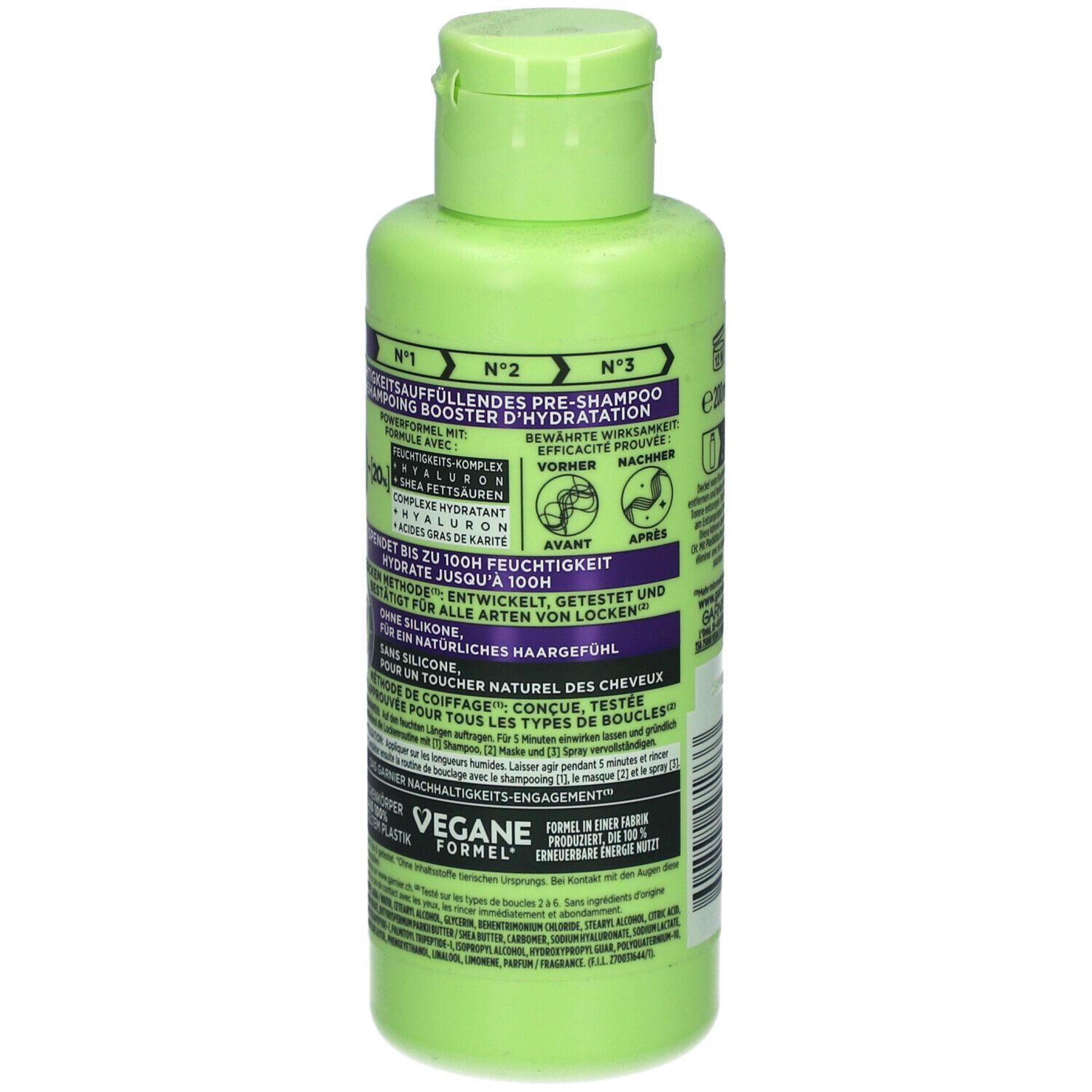 Dos du flacon vert. Texte: Garnier Fructis, Méthode Boucles. Instructions et ingrédients.
