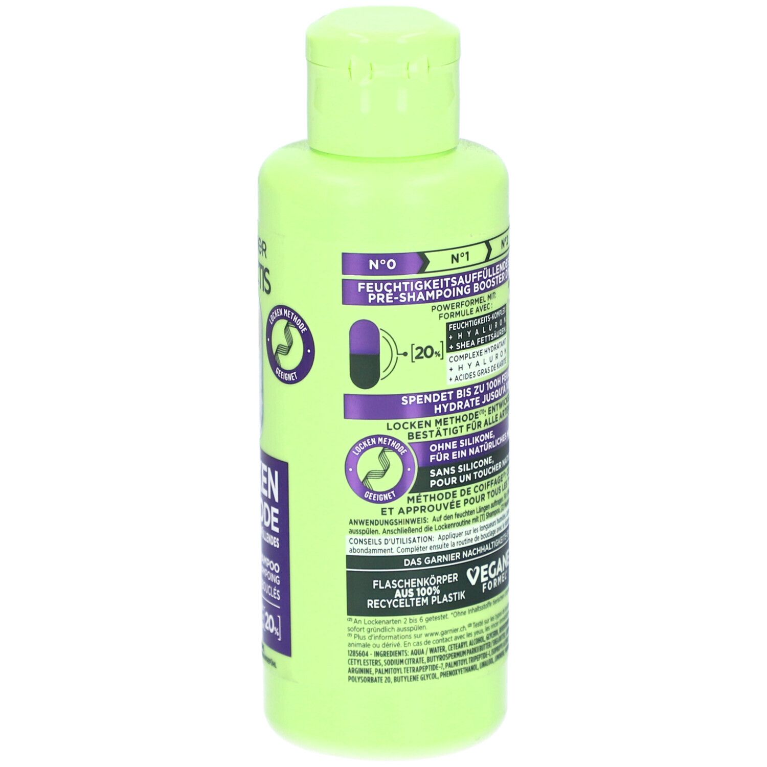 Dos du flacon vert. Texte: Garnier Fructis, Méthode Boucles. Instructions et ingrédients.
