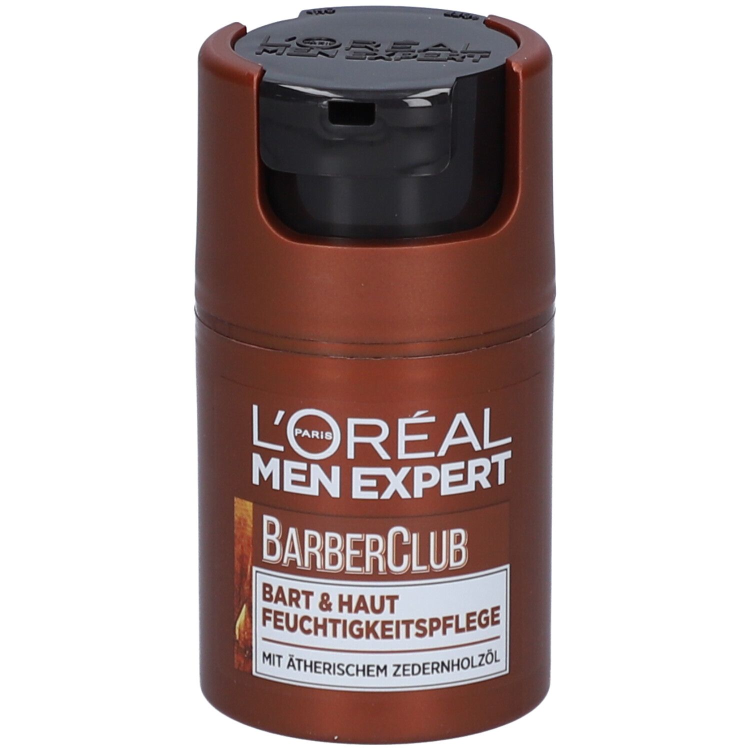 Braune Flasche mit schwarzem Deckel. L'Oréal Men Expert BarberClub Bart & Haut Feuchtigkeitspflege.
