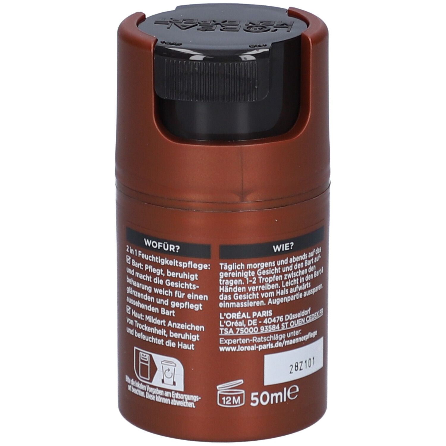 Braune Flasche mit schwarzem Deckel. L'Oréal Men Expert BarberClub. Text mit Anwendungshinweisen.