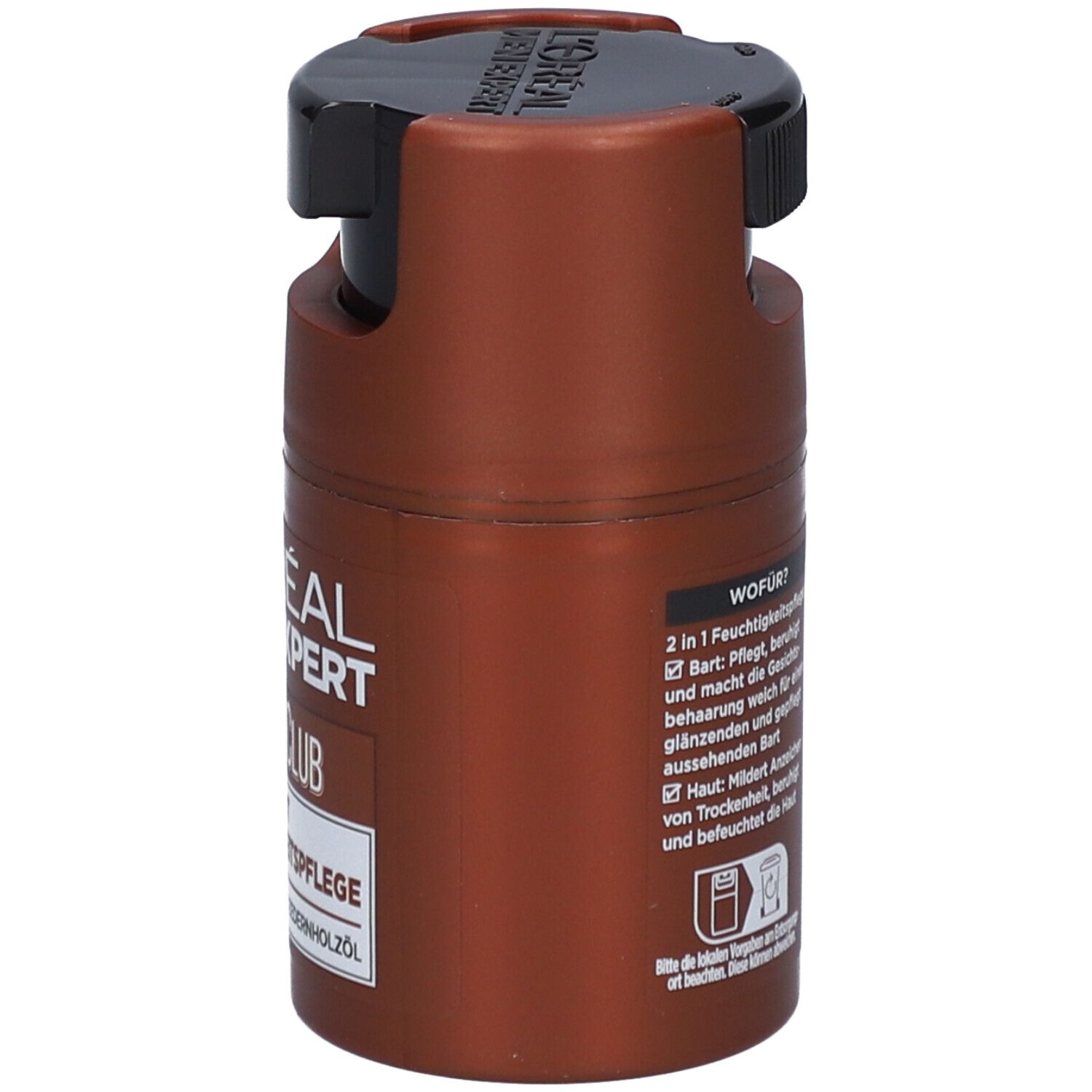 Braune Flasche mit schwarzem Deckel. L'Oréal Men Expert BarberClub Bart & Haut Feuchtigkeitspflege.