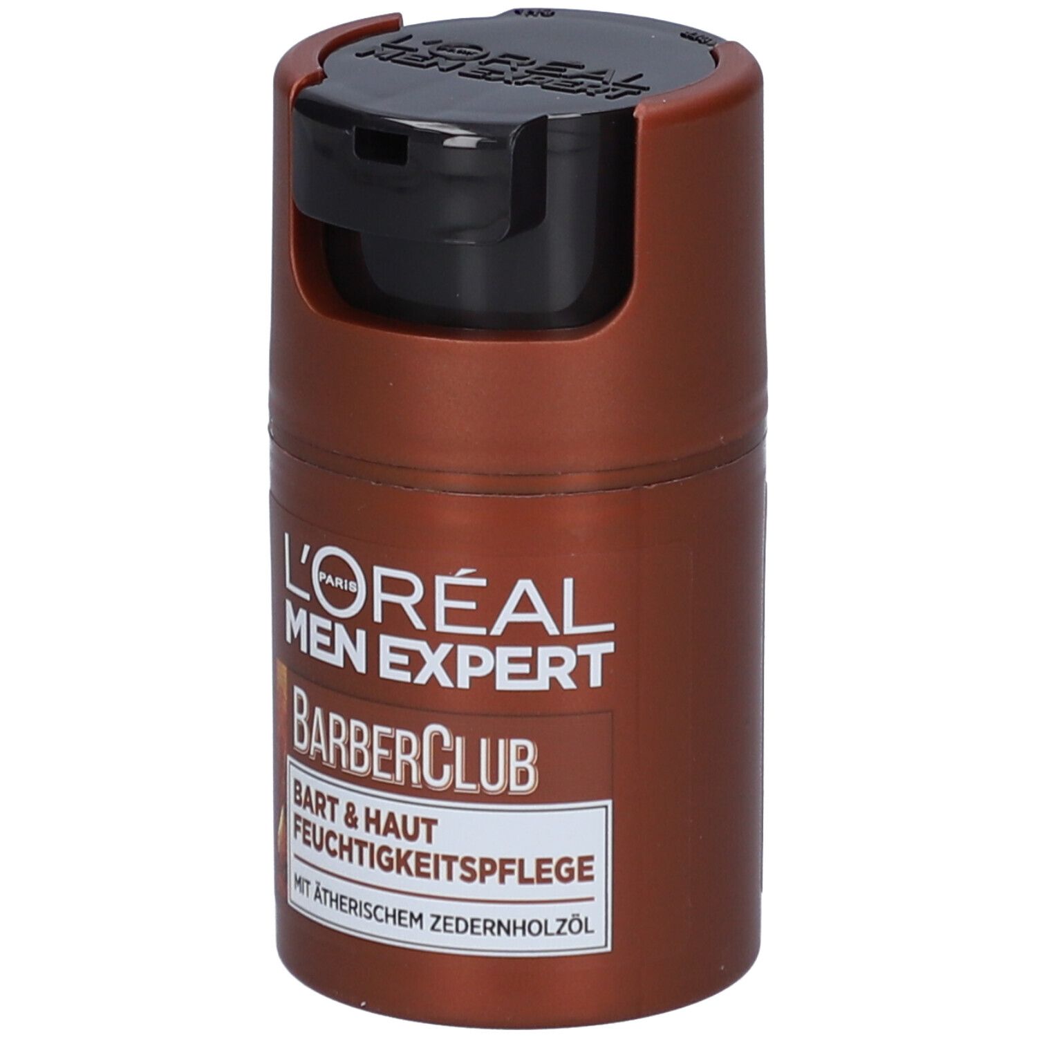 Braune Flasche mit schwarzem Deckel. L'Oréal Men Expert BarberClub Bart & Haut Feuchtigkeitspflege.