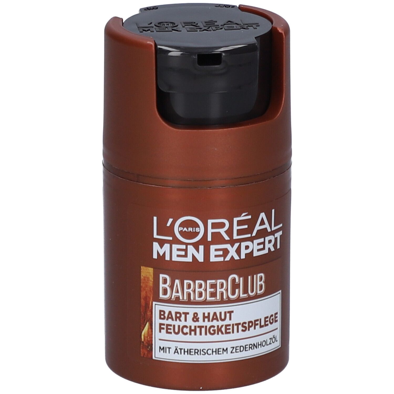 Braune Flasche mit schwarzem Deckel. L'Oréal Men Expert BarberClub Bart & Haut Feuchtigkeitspflege.