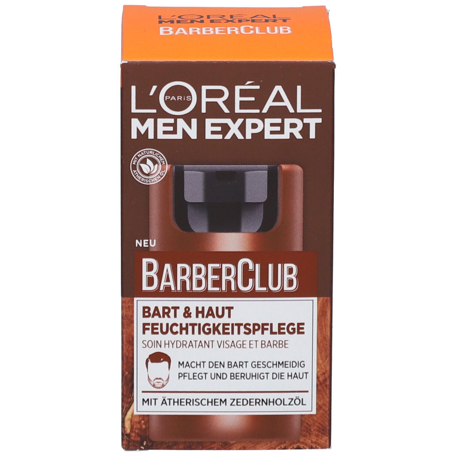 Verpackung. L'Oréal Men Expert BarberClub Bart & Haut Feuchtigkeitspflege. Orangefarbene Box mit Produkt.