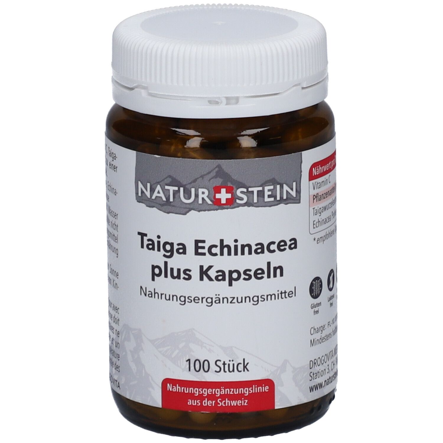 Braune Glasflasche mit weißem Deckel. Aufschrift: NATURSTEIN Taiga Echinacea plus Kapseln. 100 Stück. Nahrungsergänzungsmittel.