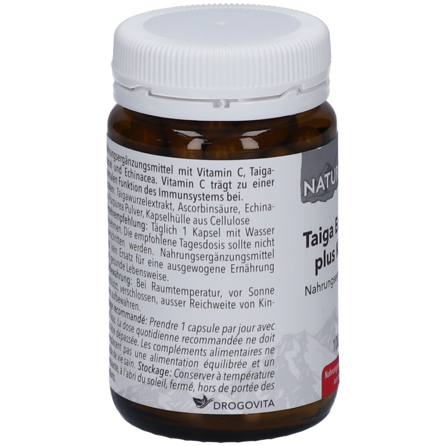 Braune Glasflasche mit weißem Deckel. Text mit Inhaltsstoffen und Gebrauchsanweisung. Aufschrift: Taiga Echinacea plus Kapseln.