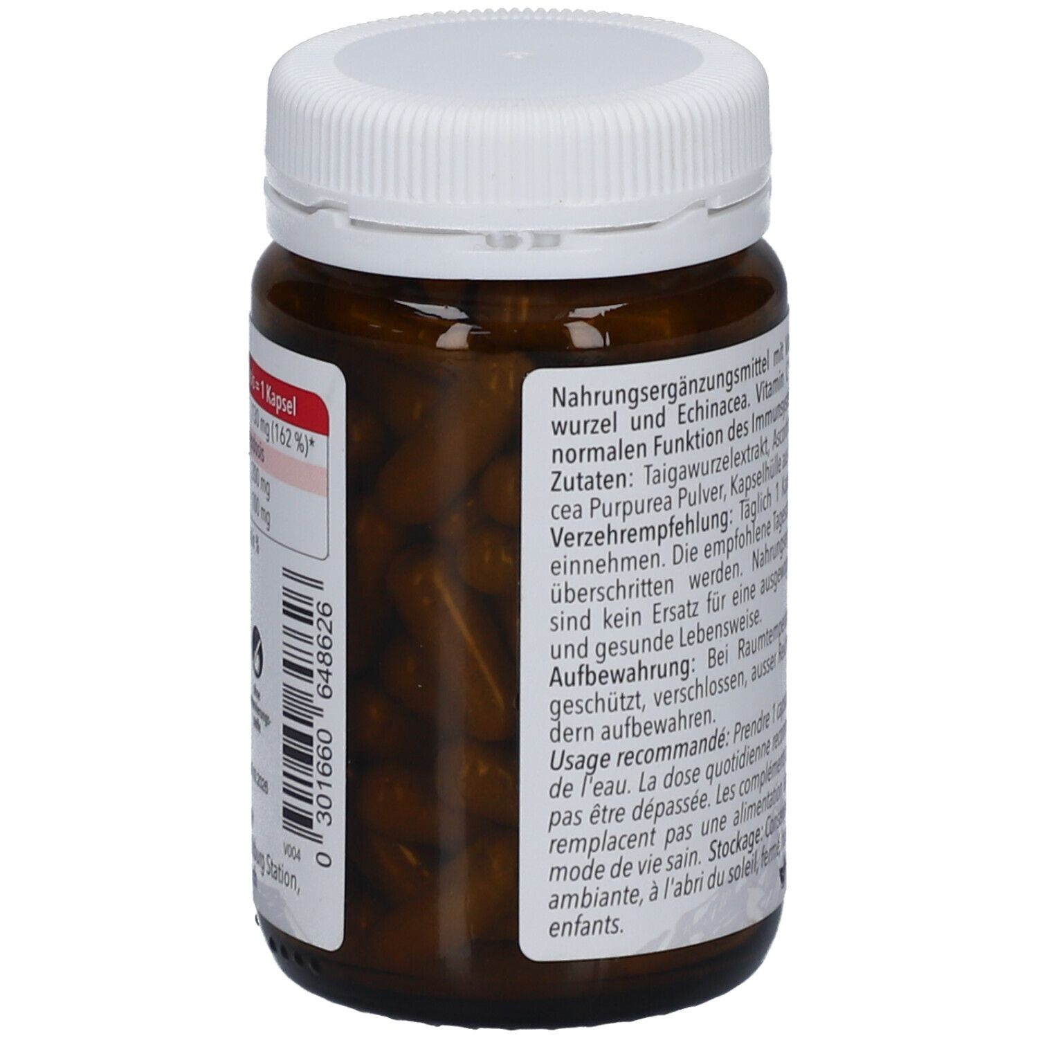 Braune Glasflasche mit weißem Deckel. Text mit Inhaltsstoffen und Gebrauchsanweisung. Aufschrift: Taiga Echinacea plus Kapseln.