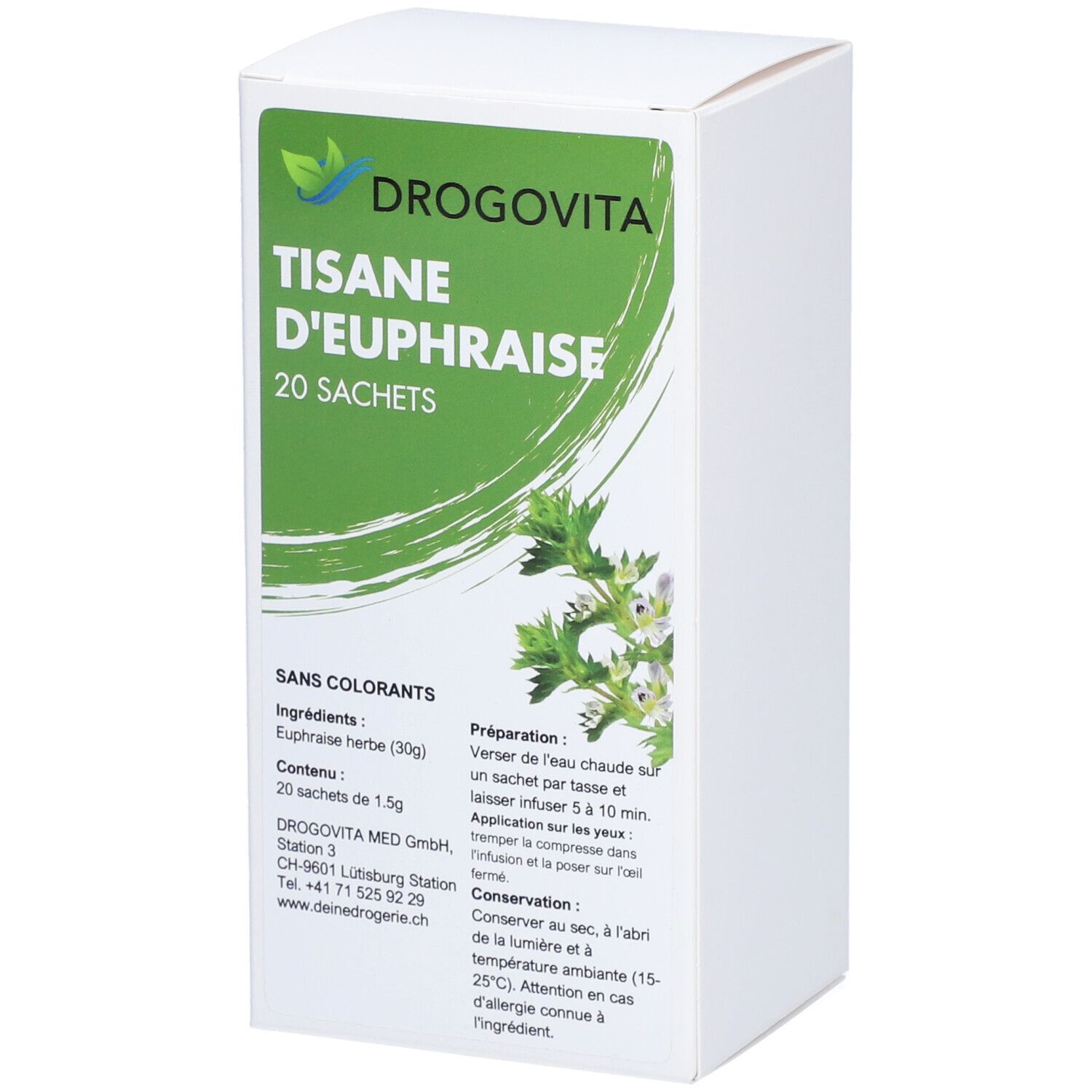 Weißer Karton mit grünem Etikett. DROGOVITA Tisane d'Euphraise, 20 Sachets. Pflanzenabbildung.
