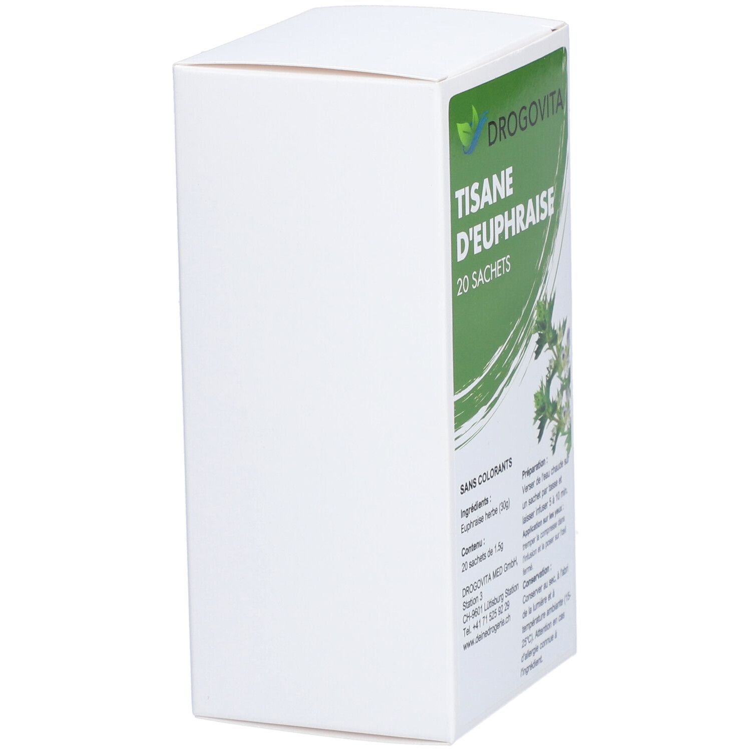 Weißer Karton, Seitenansicht. Grünes Etikett mit Text: DROGOVITA Tisane d'Euphraise, 20 Sachets.