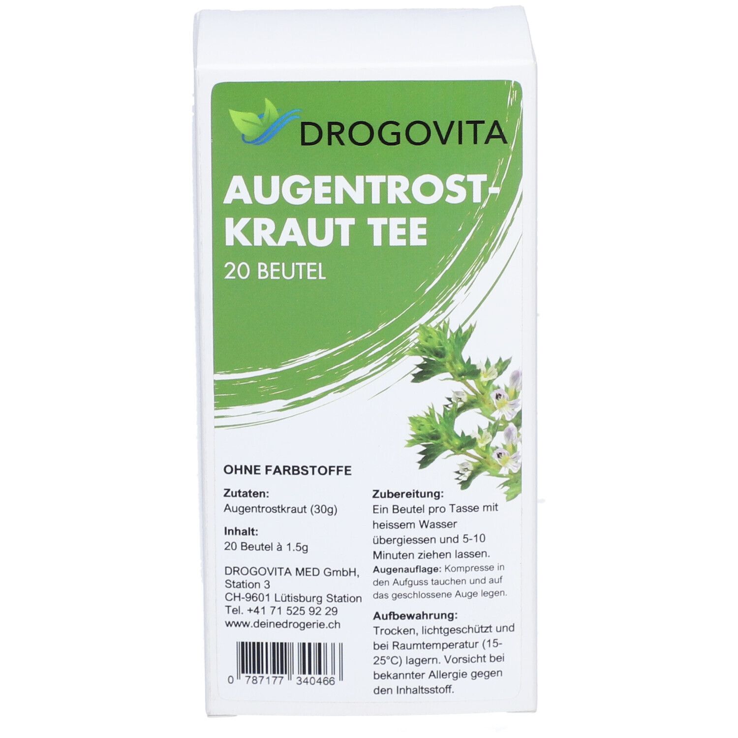 Weißer Karton mit grünem Etikett. DROGOVITA Augentrost-Kraut Tee, 20 Beutel. Pflanzenabbildung.