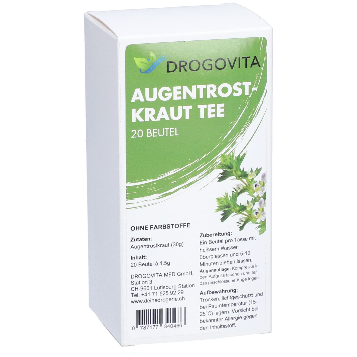Weißer Karton mit grünem Etikett. DROGOVITA Augentrost-Kraut Tee, 20 Beutel. Pflanzenabbildung.