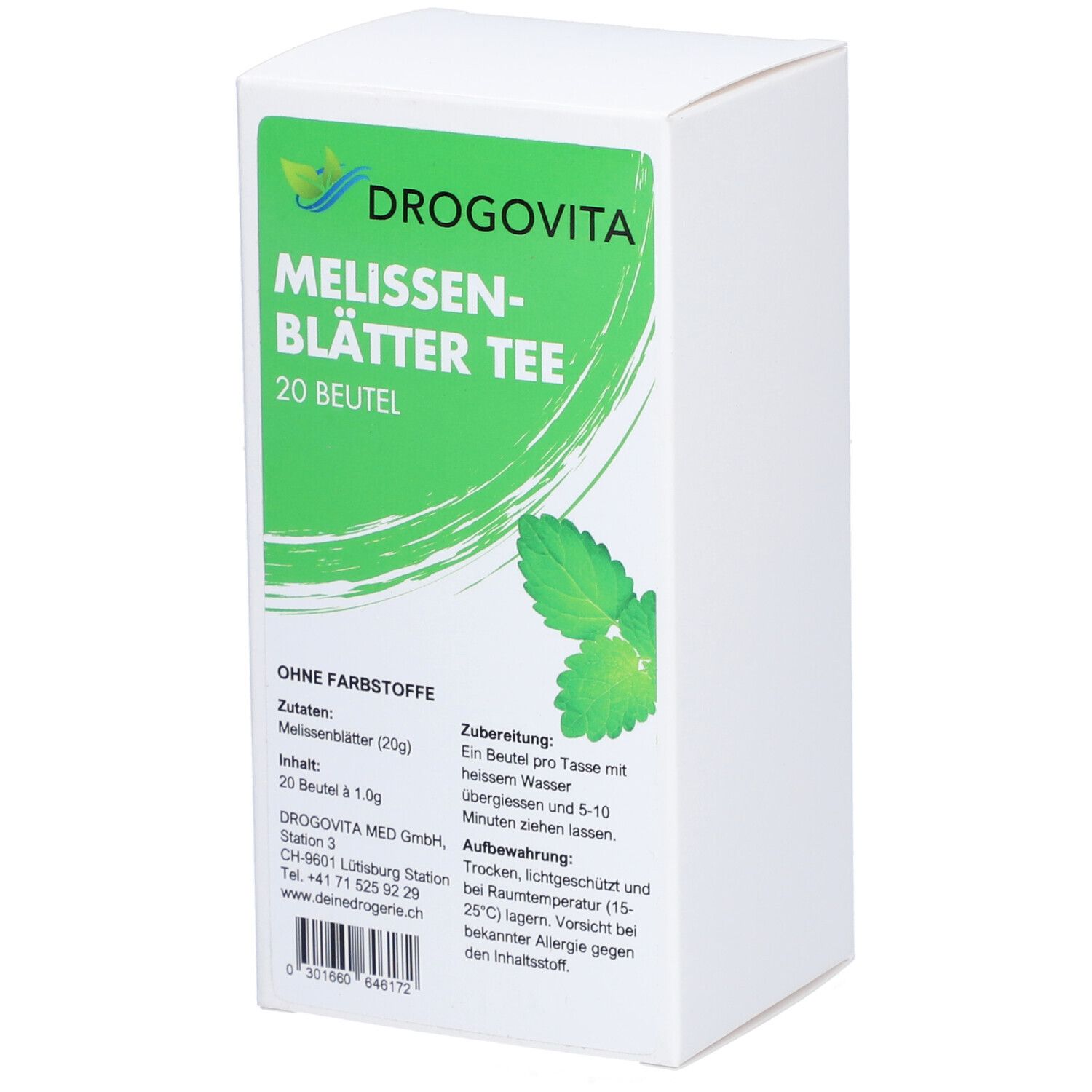 Boîte de DROGOVITA Tisane de Mélisse, 20 sachets. Boîte blanche avec étiquette verte. Contient du texte et des images de feuilles de mélisse.