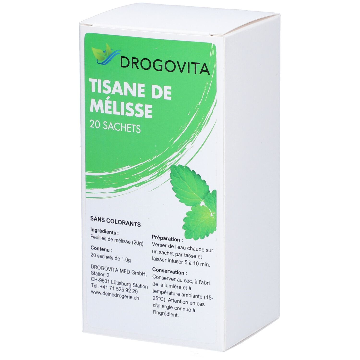 DROGOVITA Tisane de Mélisse, 20 sachets. Boîte blanche avec étiquette verte. Contient du texte et des images de feuilles de mélisse.