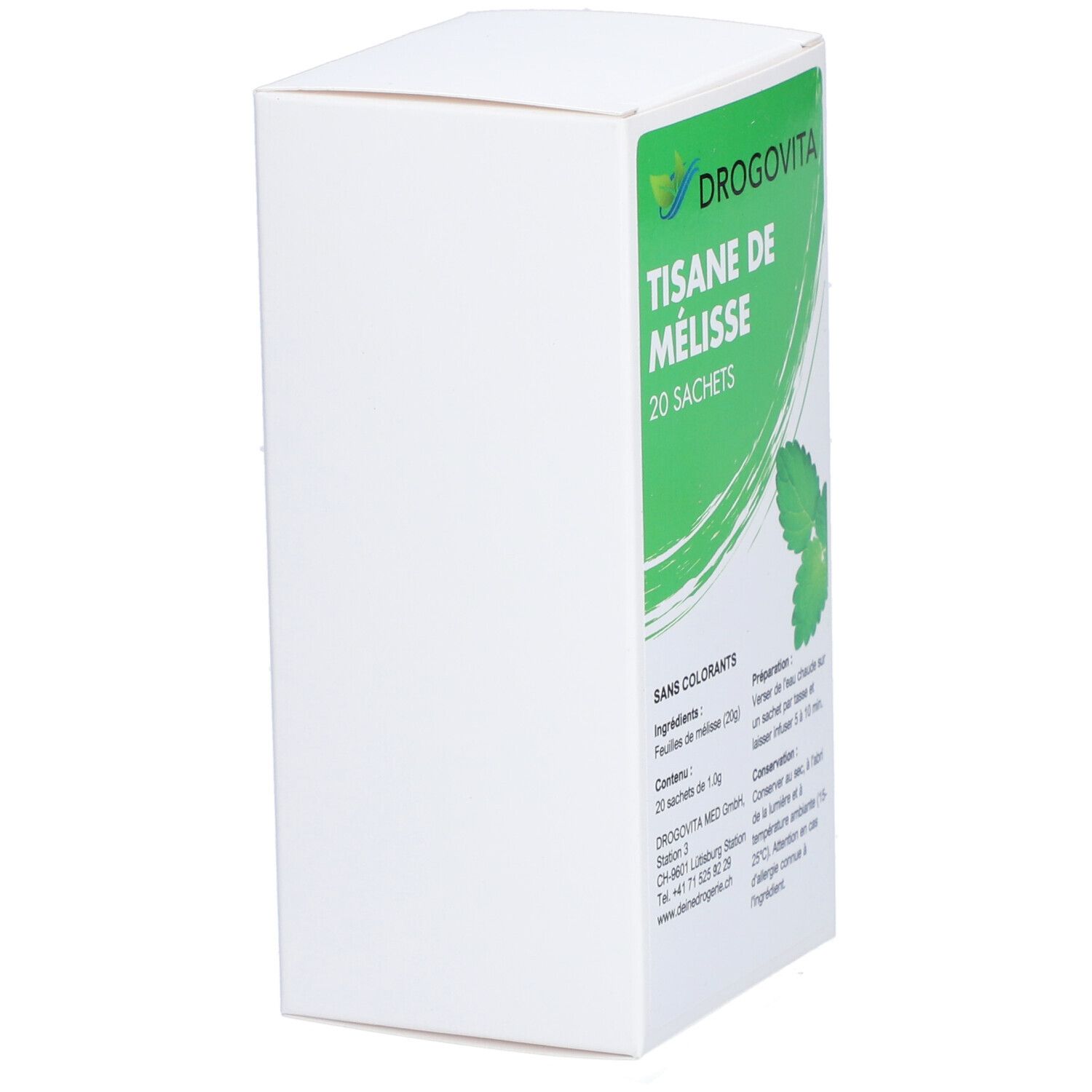 DROGOVITA Tisane de Mélisse, 20 sachets. Boîte blanche avec étiquette verte. Vue latérale de l'emballage.