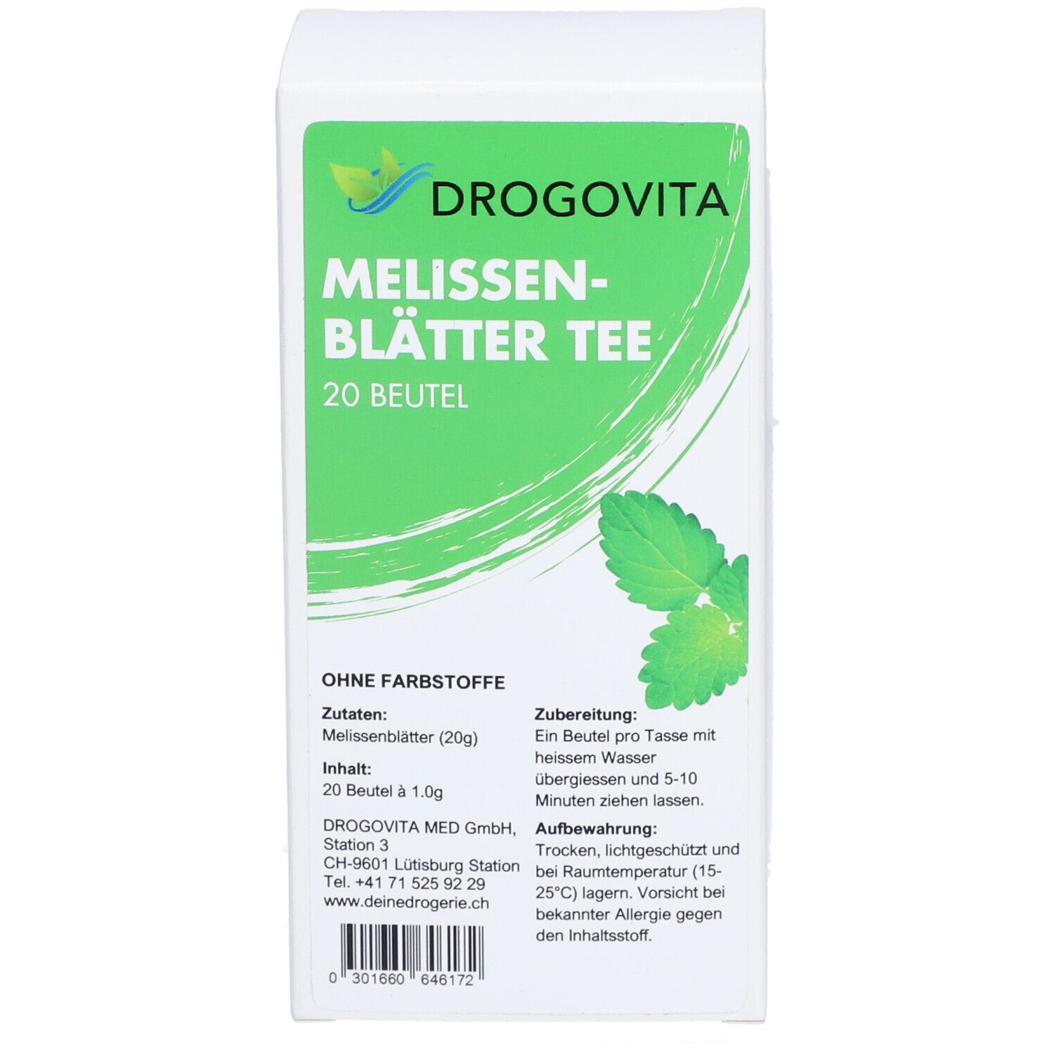 Boîte de DROGOVITA Tisane de Mélisse, 20 sachets. Boîte blanche avec étiquette verte. Contient du texte et des images de feuilles de mélisse.
