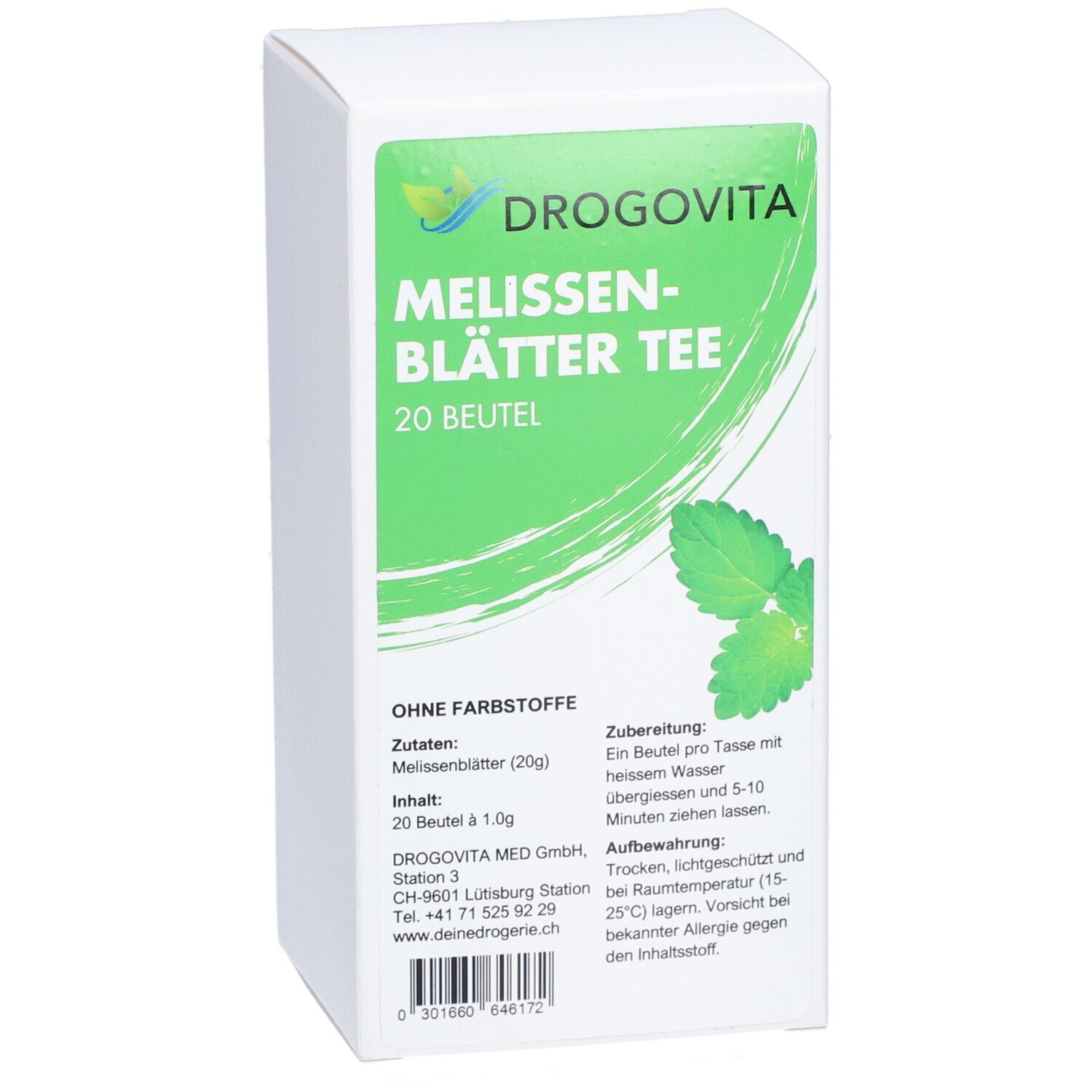 Boîte de DROGOVITA Tisane de Mélisse, 20 sachets. Boîte blanche avec étiquette verte. Contient du texte et des images de feuilles de mélisse.