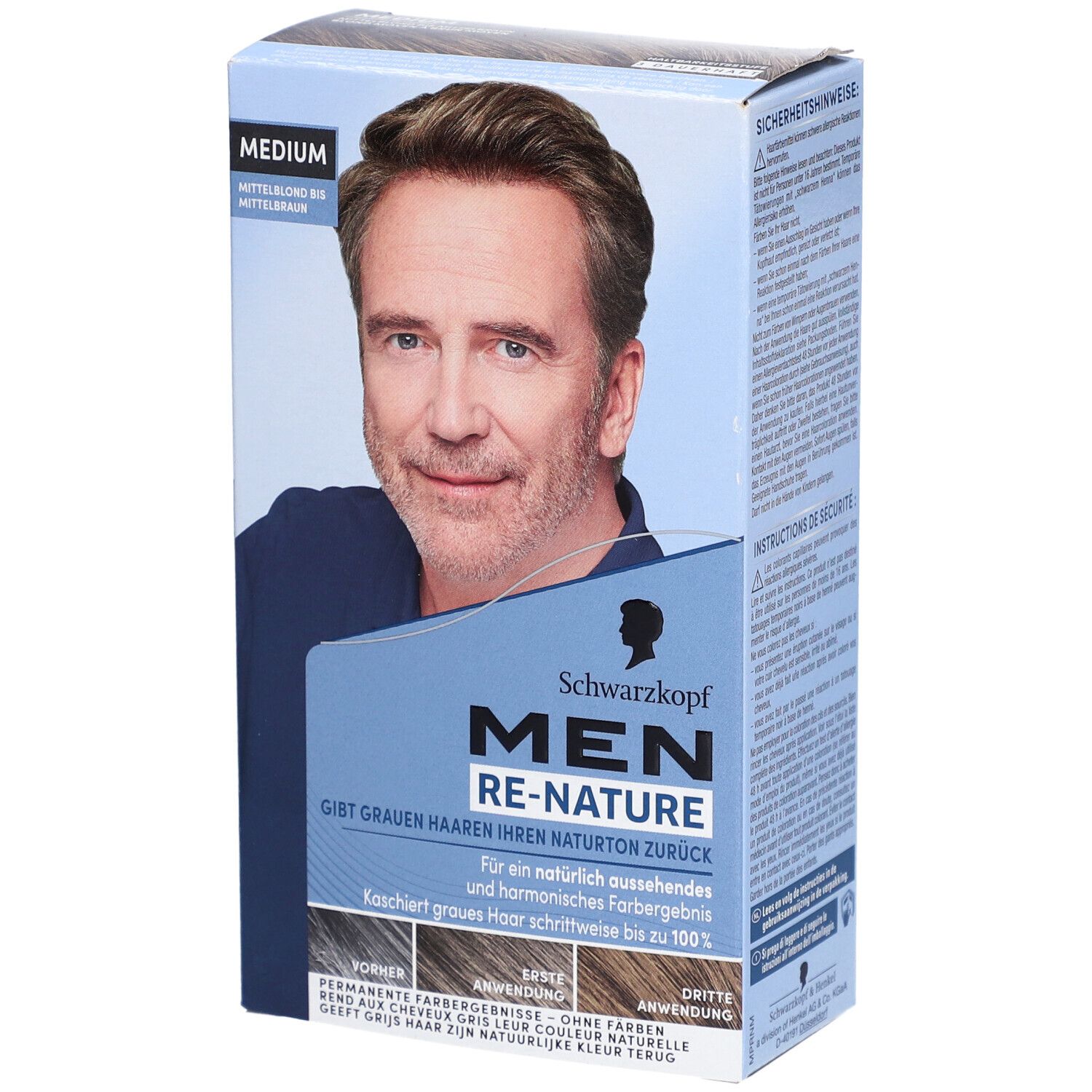 Schwarzkopf MEN RE-NATURE Medium. Verpackung mit Abbildung eines Mannes. Text: Gibt grauen Haaren ihren Naturton zurück.