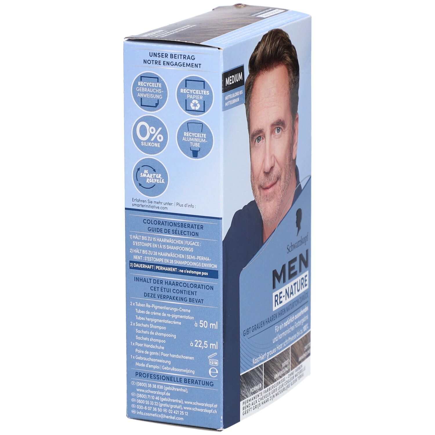 Schwarzkopf MEN RE-NATURE Medium. Verpackung, Seitenansicht. Text: Unser Beitrag. 0% Silikone. Recyceltes Material.