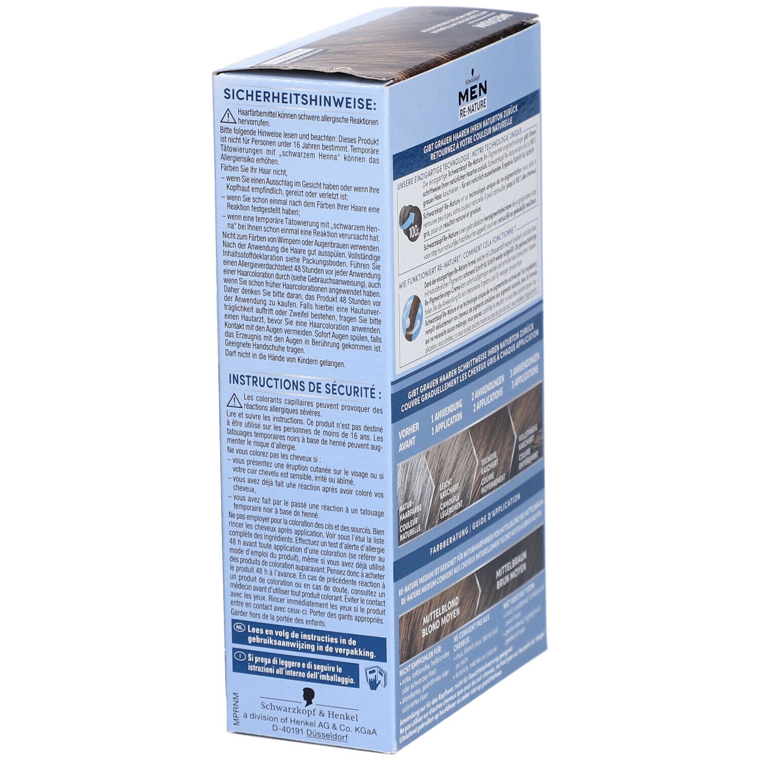 Schwarzkopf MEN RE-NATURE Medium. Verpackung, Seitenansicht. Text: Sicherheitshinweise. Anwendungshinweise. Farbtabelle.