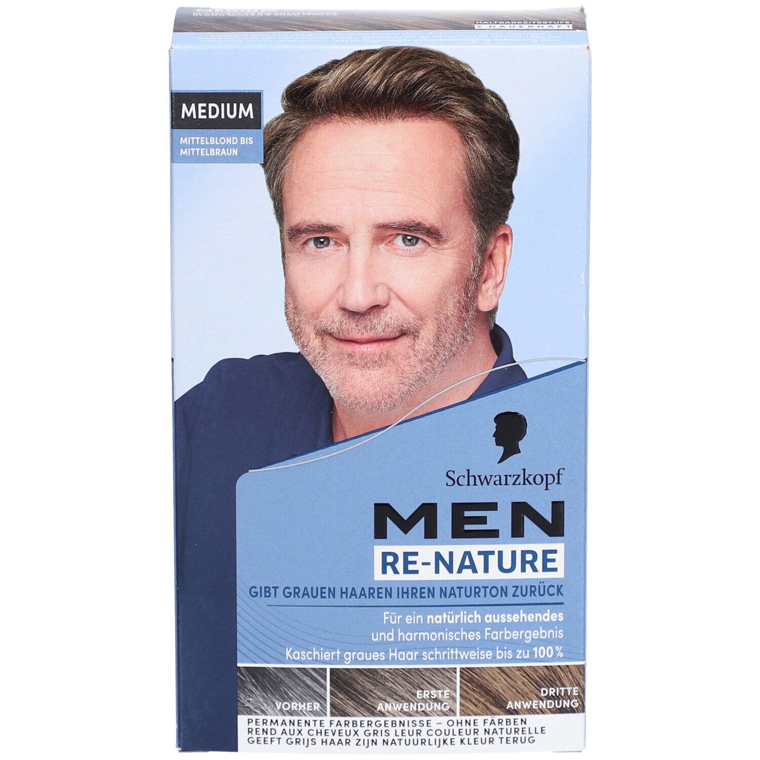 Schwarzkopf MEN RE-NATURE Medium. Verpackung mit Abbildung eines Mannes. Text: Gibt grauen Haaren ihren Naturton zurück.