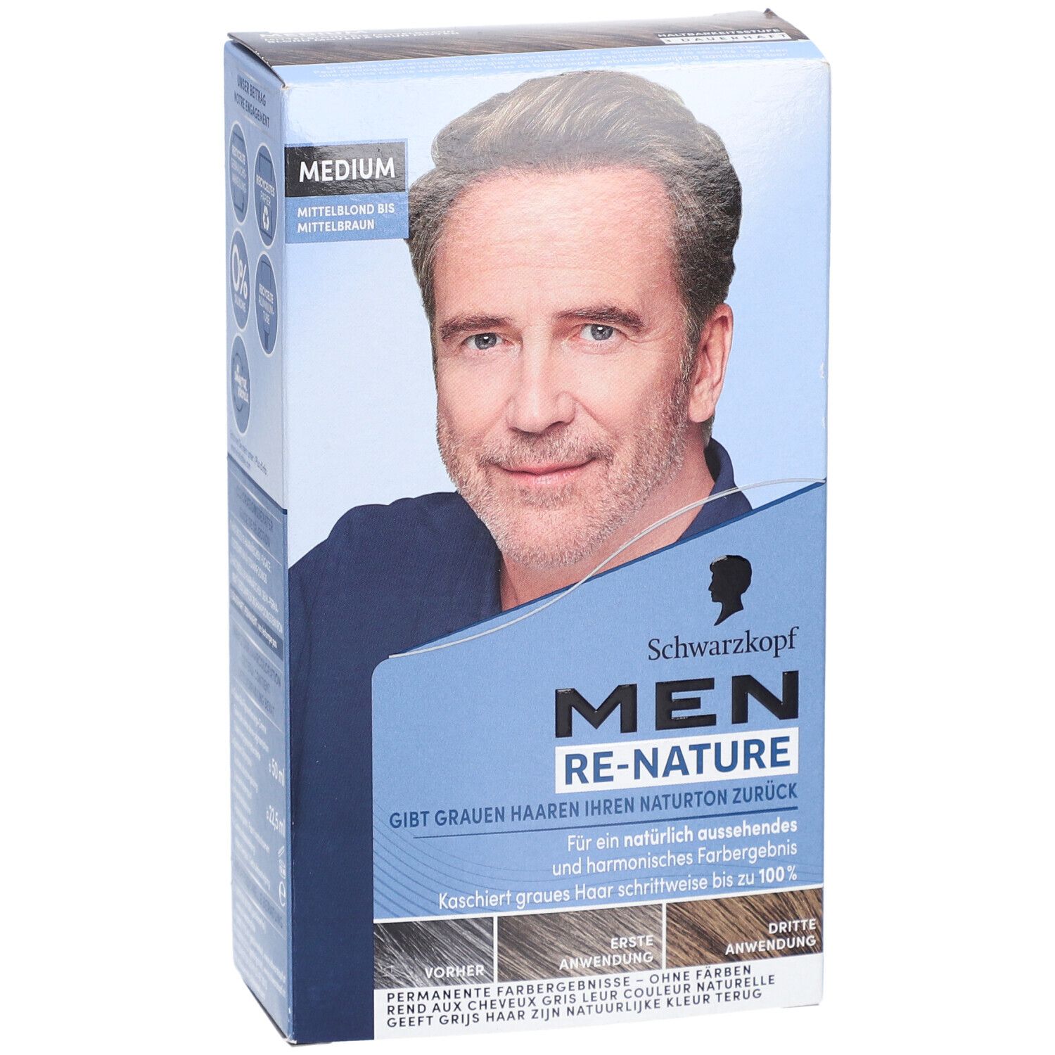 Schwarzkopf MEN RE-NATURE Medium. Verpackung mit Abbildung eines Mannes. Text: Gibt grauen Haaren ihren Naturton zurück.