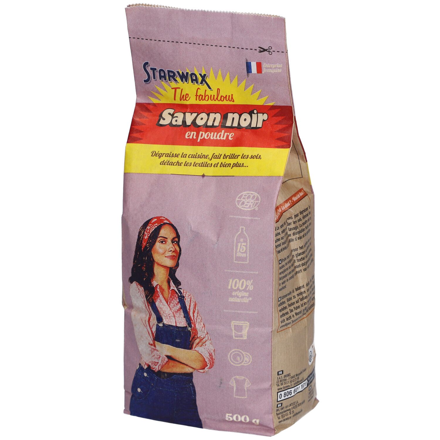 Beutel mit STARWAX Savon noir en poudre. Frau mit Kopftuch auf der Verpackung. Französische Flagge.